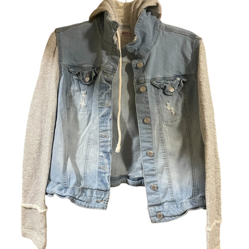 Womens Distressed Jean Jacket with Hood, Size XL